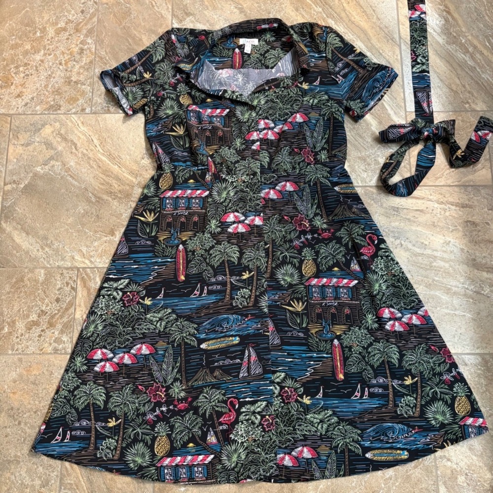 Denim & Co Tropical Beach Print Shirt Dress Black Short Sleeve Belted Womens M - Picture 5 of 7